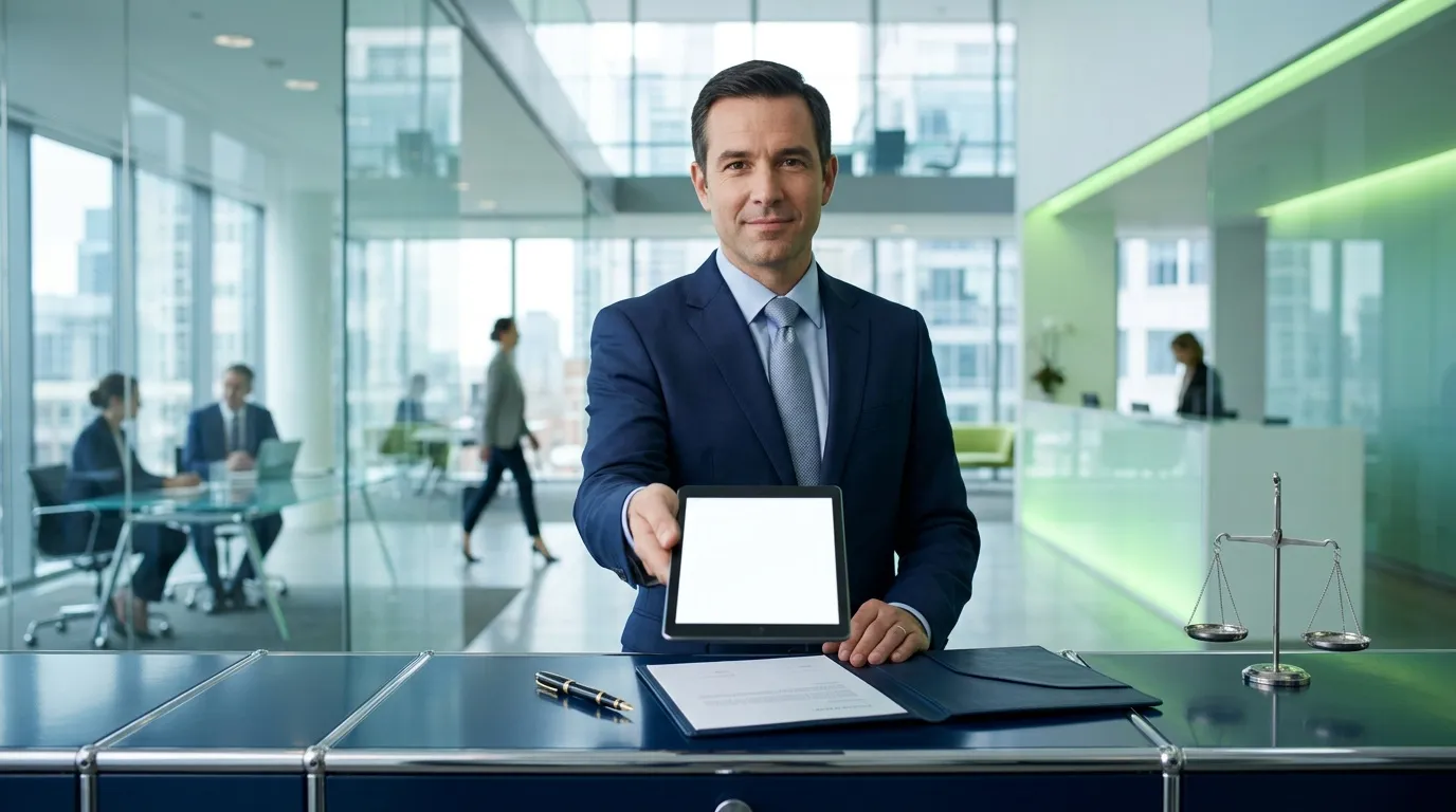 Homme en costume bleu tenant une tablette dans un bureau moderne