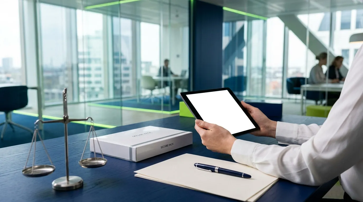Avocat tenant tablette dans bureau moderne avec balances justice
