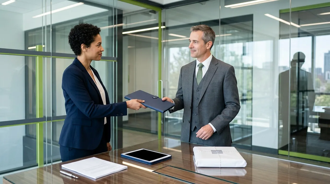 Deux professionnels échangent un document dans un bureau moderne