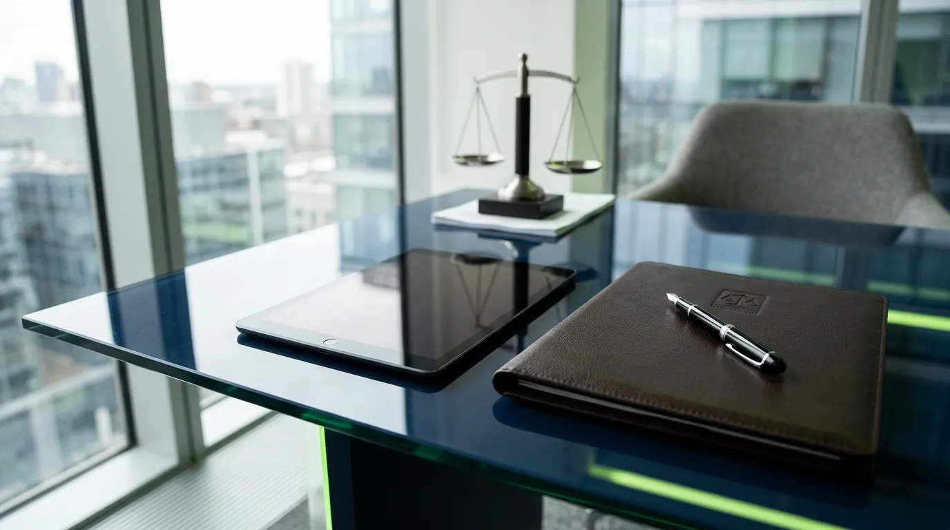 Bureau avec balance de justice, documents et vue urbaine