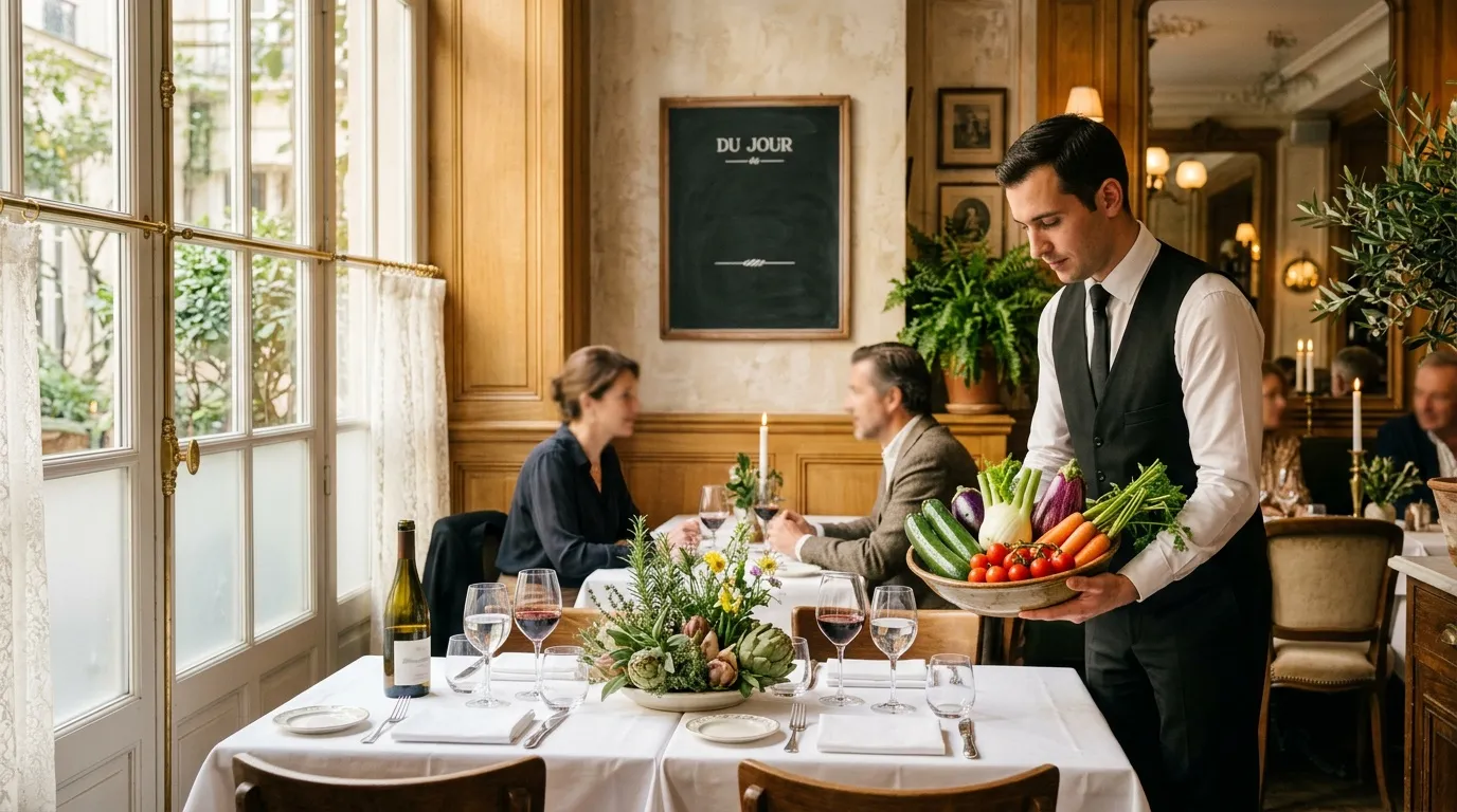 Serveur présentant des légumes frais à des clients au restaurant