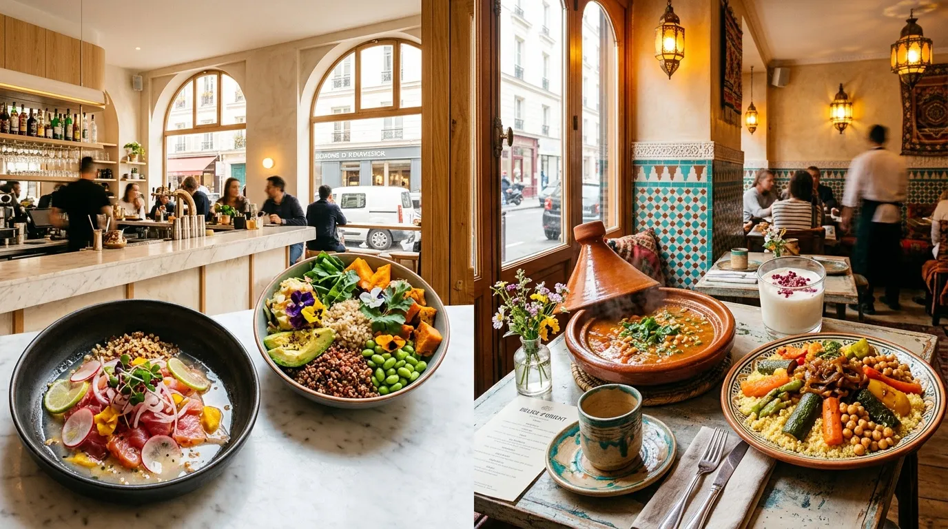 Restaurant marocain avec plats traditionnels et décor authentique
