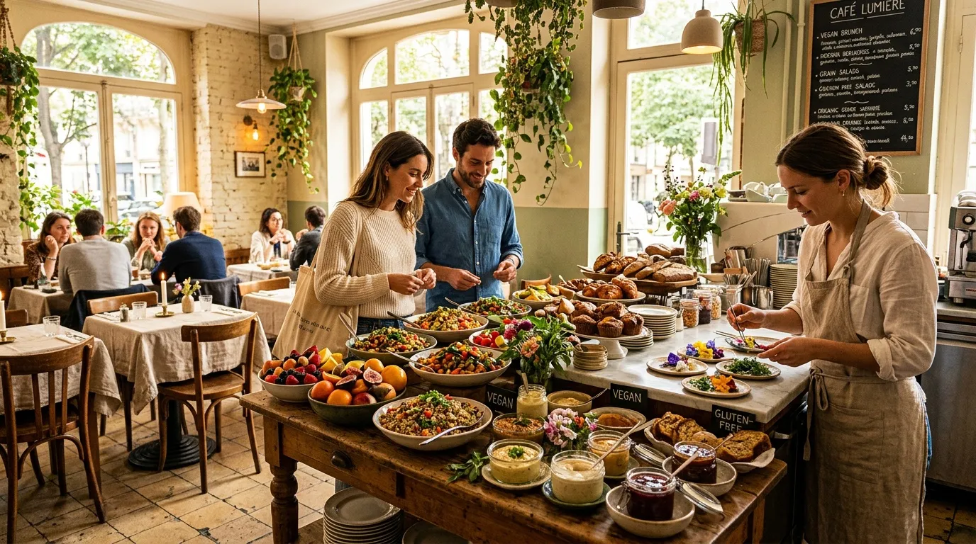 Café avec buffet vegan, clients et staff préparant le brunch