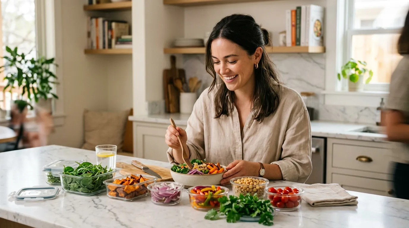 Femme souriante préparant une salade avec des légumes frais