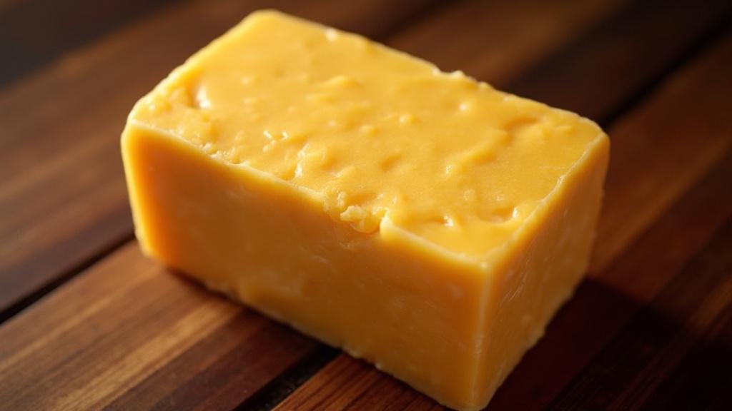 Bloc de fromage aux reflets dorés sur une surface en bois