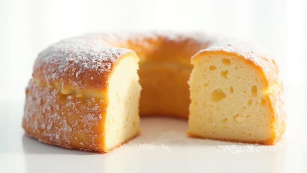 Gâteau rond, doré et poudré de sucre, avec une tranche ouverte révélant une mie légère et aérée.