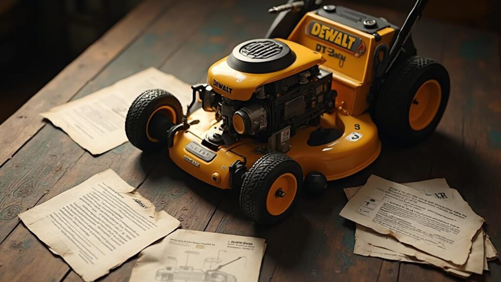 Image d'un tondeuse à gazon Dewalt avec des documents et plans.