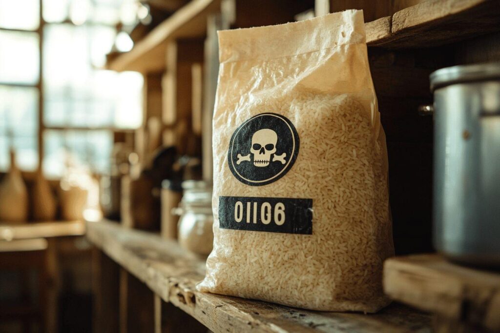 Sac de riz blanc avec logo tête de mort sur étagère