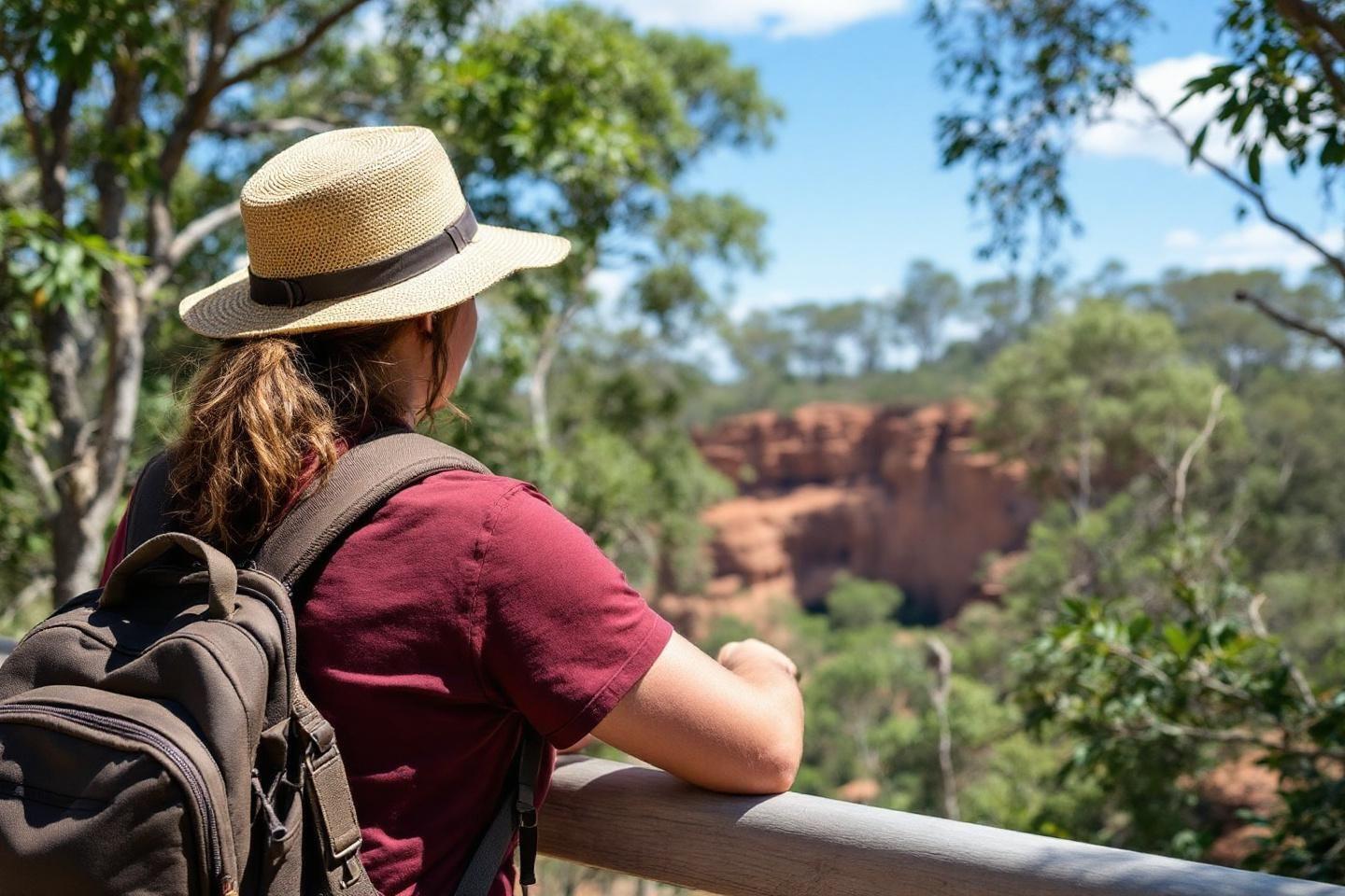 Dos d'un randonneur avec chapeau observant un canyon