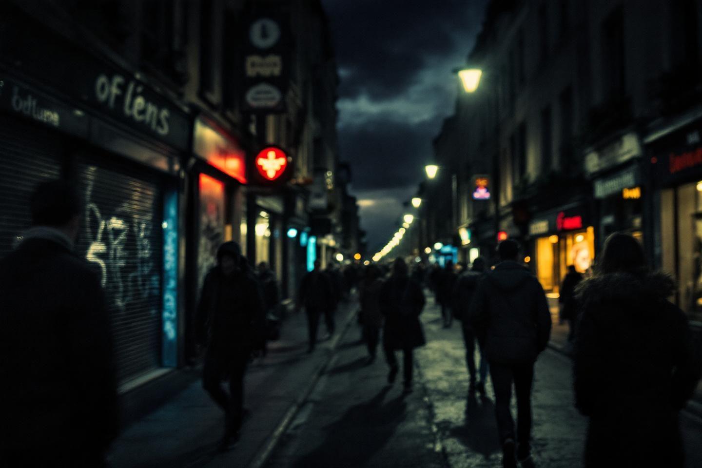 Silhouettes floues déambulant dans une rue sombre éclairée